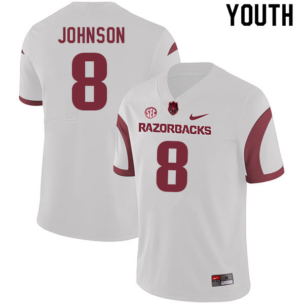 Youth #8 Jayden Johnson Arkansas Razorbacks College Football Jerseys Sale-White - Click Image to Close